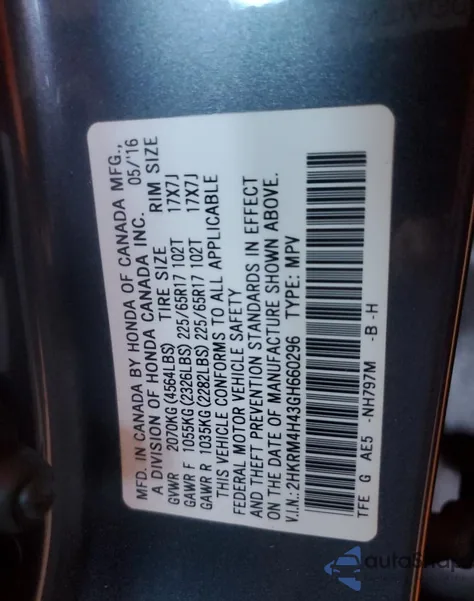 2016 Honda Cr-V Se from USA, damaged, VIN 2HKRM4H43GH660296
